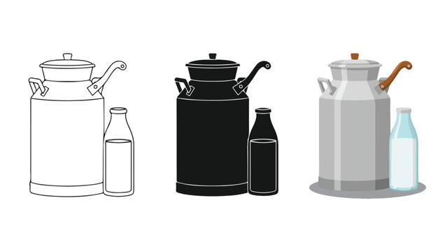 Milk churn and glass bottle icon set for dairy - logo icons vector set. Blue, Black and white icons