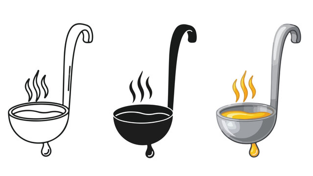 Kitchen soup ladle with steam in three variations - logo icons vector set. Blue, Black and white icons
