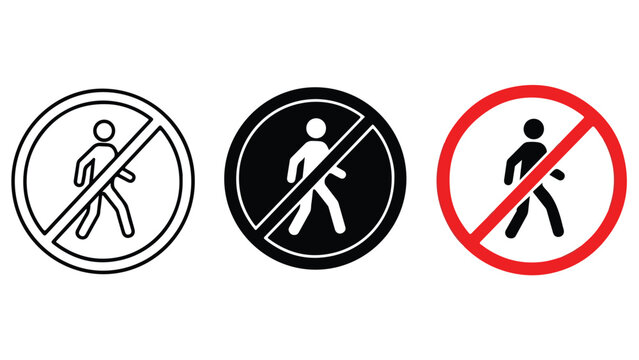 No pedestrian crossing sign in three style formats - Minimalist, flat icon, outline, glyph, linear, clipart, sticker - icon set