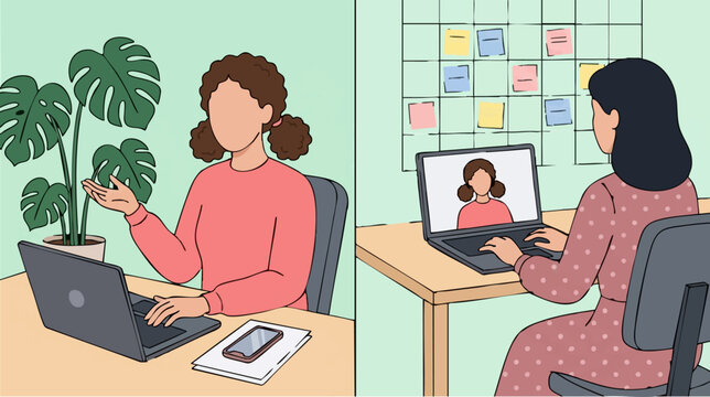 Virtual video conference call between two women working remotely