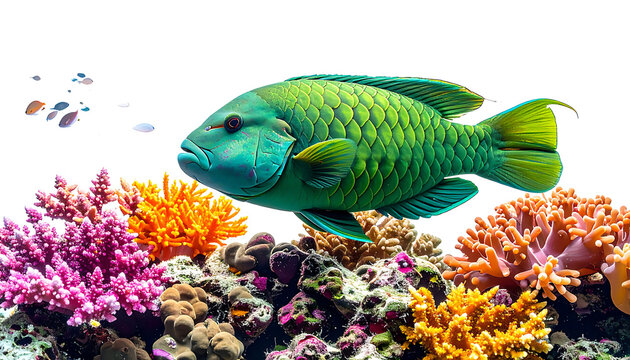 Vibrant green parrotfish swimming over colorful coral reef, small fish in background, underwater ocean life scene