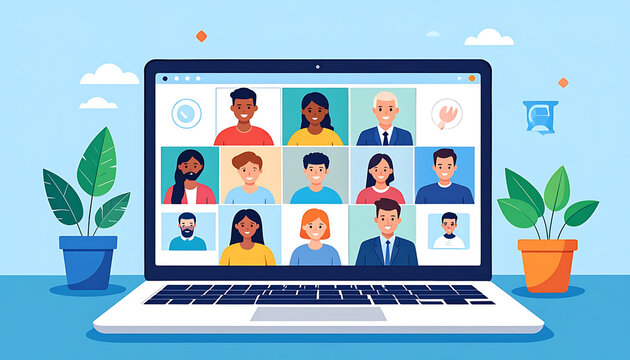 Video conference call with diverse group of people in pixel art style, online meeting and remote work concept