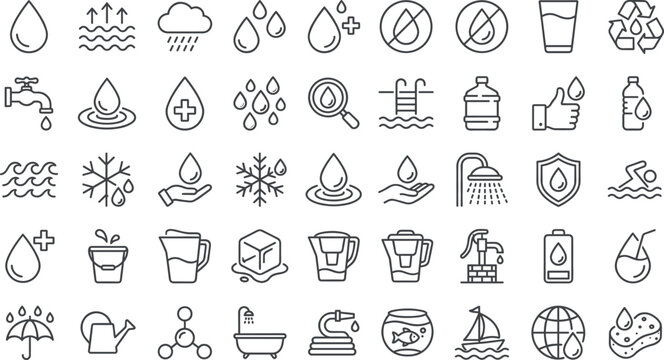 Water Conservation and Environment Icon Set with Hydration, Recycling, Pollution Prevention, and Water Usage Symbols for Sustainability Designs