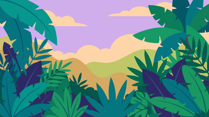 Lush tropical foliage and mountain landscape illustration with flat colors © Pixelply