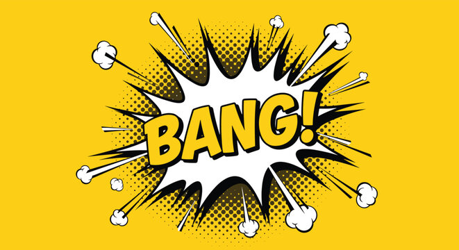 Classic comic book style bang text explosion on a bright yellow background for action energy and dynamic graphic design.