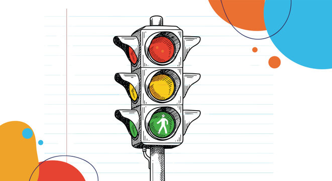 Hand drawn traffic light illustration on lined notebook paper background for safety education and city rules concepts.