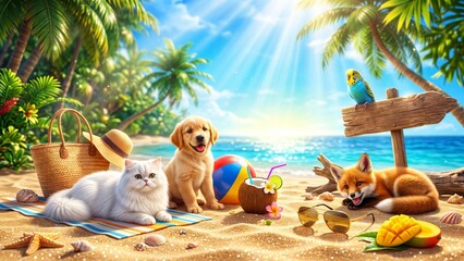 Fototapeta premium White persian cat and golden retriever puppy relaxing on beach towel. Red fox lying nearby with blue parakeet on signpost. Tropical summer vacation scene with palm trees ocean coconut drink and mango