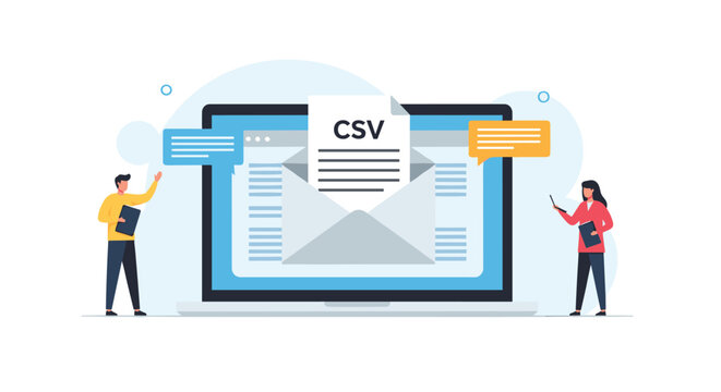 People standing next to large laptop with email showing CSV file attachment for data management and digital office.
