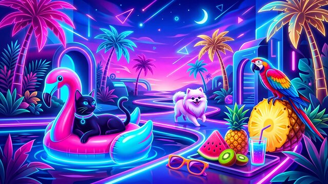 Black cat relaxing on pink flamingo float in neon pool. White pomeranian dog walking nearby with colorful parrot on pineapple