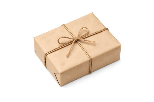 Brown kraft paper gift box wrapped with twine string bow isolated on white background