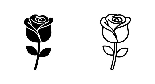 Black and white rose icons, minimalist floral symbols, line art flowers, simple vector illustrations