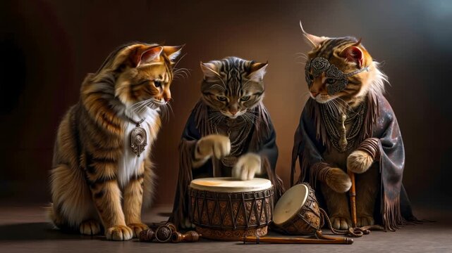 Three tabby cats in ethnic tribal clothing playing traditional drums in a studio setting