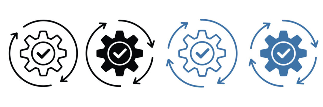 Automated process optimization and system update icon vector, gear cog with check mark and circular sync arrows symbol set, workflow efficiency and system maintenance