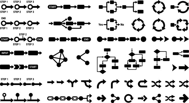 Black and white flowchart symbols and arrows