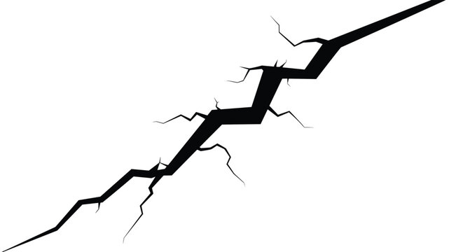 Large jagged silhouette of a ground crack or wall fissure is shown in black against a clean white background.