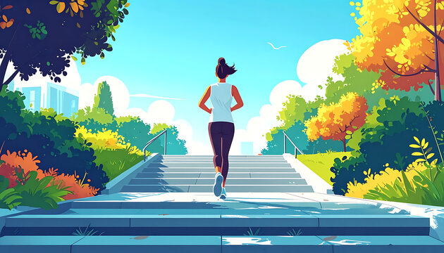 Woman running up stairs in a park during autumn, pixel art style, healthy lifestyle, outdoor exercise, vibrant colors, clear sky
