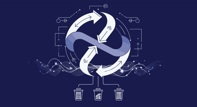 Infinity symbol composed of white arrows is connected to three different trash cans to illustrate a zero waste circular economy.