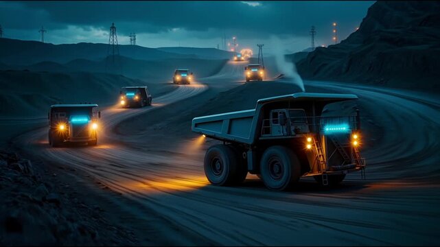 Massive industrial mining trucks transporting heavy materials on a dark dirt road at night with glowing lights