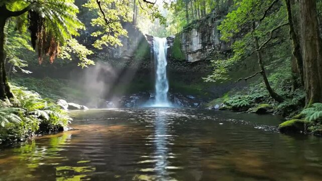 Waterfall in lush green forest ideal for travel vlogs and eco-friendly campaigns