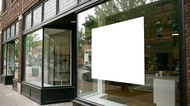Storefront window display mockup on a city street corner with empty signage