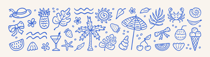 Fototapeta premium Summer vacation doodle illustration set. Beach vacation and sea travel elements. Hand drawn palm tree, fruit, crab, tropical leaf, flower, seashells, cocktail. Coastal collection for card, prints.