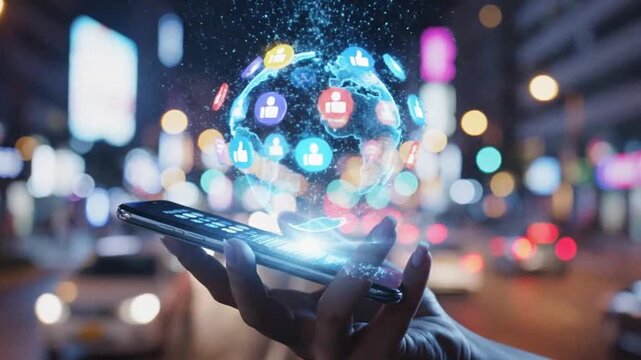 Hand holding smartphone with digital globe ideal for tech startups and software promos