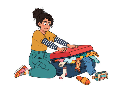 Frustrated young woman struggles to pack an overstuffed suitcase. She tries to fit numerous clothes into limited luggage space, a relatable challenge for any upcoming journey or travel adventure