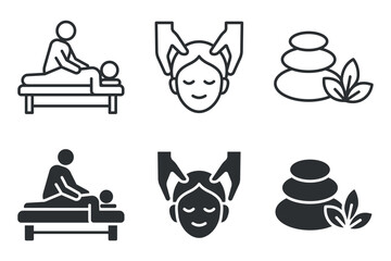Obraz premium Spa icon set featuring massage therapy, head massage, and hot stone treatment symbols.