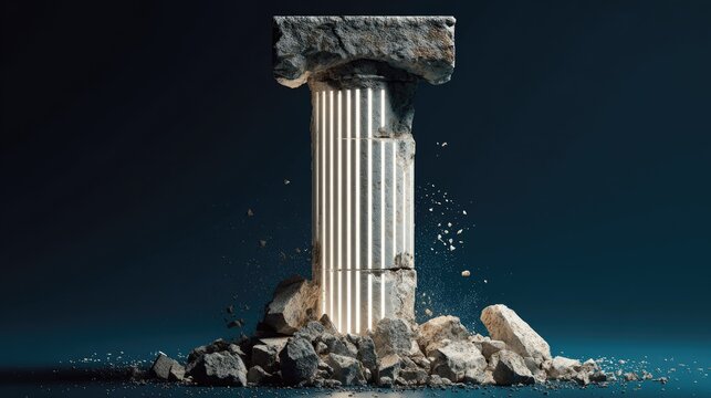 Ancient column crumbling, illuminated
