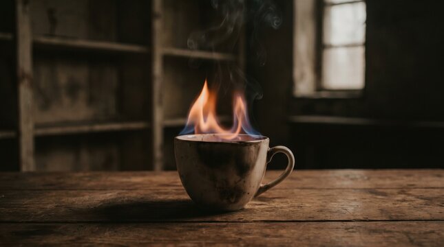 Burning tea cup on wooden table in dark room with flames rising