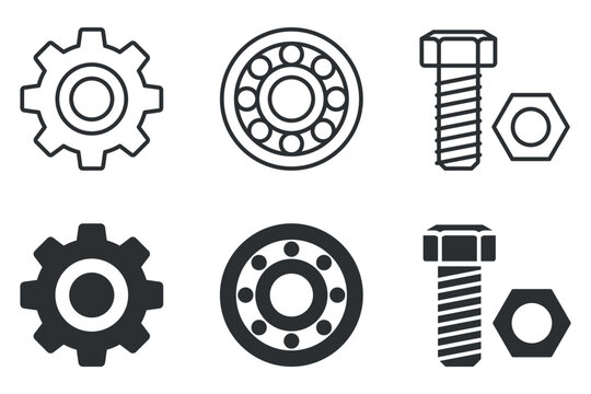 Engineering icons: gears, bolts, and bearings in monochrome.