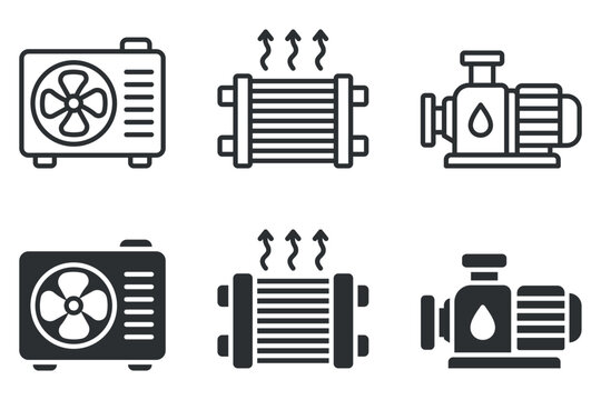 Industrial hvac system components: fan, heat exchanger, pump icons.