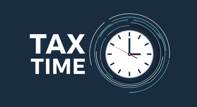 Financial tax time concept displays a white analog clock face with red hands next to bold white text on a dark blue background for accounting.