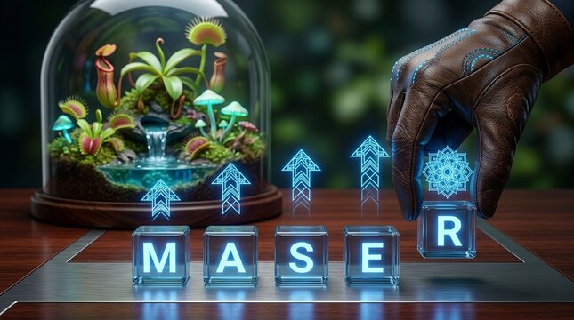 Futuristic technology concept with maser letters and glowing digital terrarium display