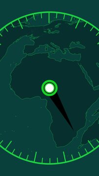 Radar screen with Africa map and scanning pointer on dark background. Futuristic radar interface for global monitoring. Futuristic radar interface technology dashboard.