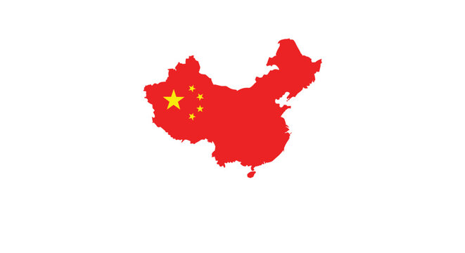 Geopolitical map of China is colored in red with yellow stars from the national flag centered on a clean and minimalist white background.