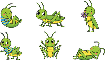 Naklejka premium Cute Cartoon Grasshopper Collection in Various Poses Lying, Sitting, Standing, Waving, and Holding Flower in Colorful Vector Illustrations for Kids Education and Nature Designs.