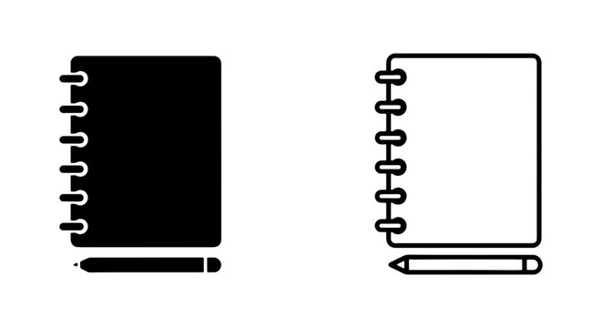 Notebook, spiral bound, black and white icons, minimalistic design, education and office supplies