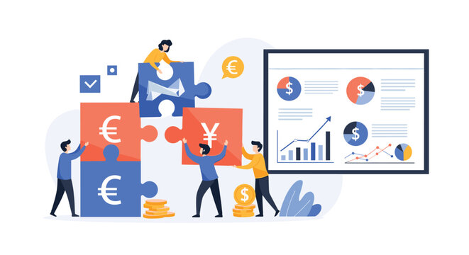 Group of business people work together to assemble large jigsaw puzzle pieces with currency symbols next to a data analysis chart.