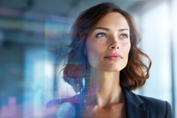 Obraz premium Businesswoman analyzing data on transparent screen in futuristic office, glowing charts and reflections highlighting innovation, focus and strategic thinking in modern business executive environment