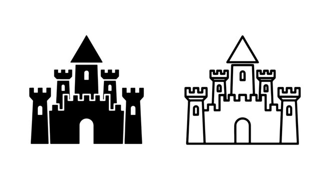 castle icons, sand castle vectors, black and white castles, medieval fortress symbols