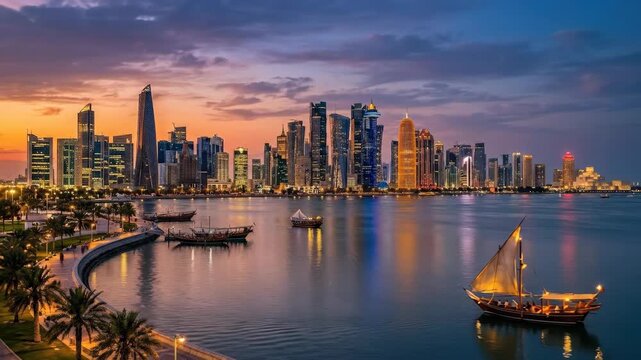 Doha skyline rising above the Persian Gulf, striking cityscape for travel, finance, architecture and Middle East tourism themes, reflective water, modern towers, sunset glow, realistic urban detail,