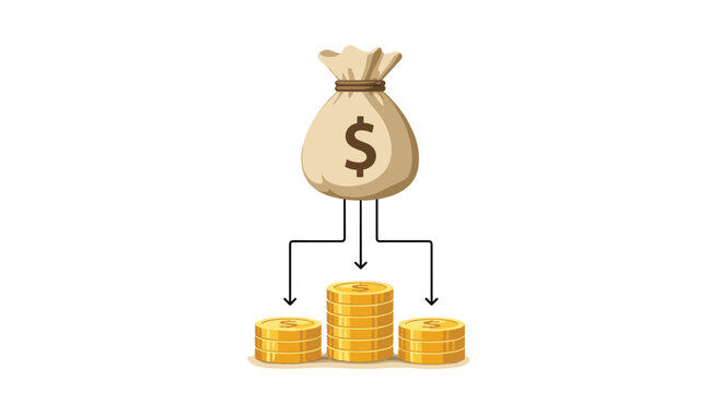 Large money bag with a dollar sign distributes wealth into three separate stacks of gold coins using black directional arrows.