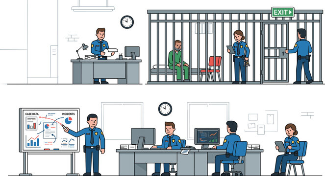 Police Station Illustration with Officers Interacting with Prisoners, Working at Desks, Analyzing Data, and Performing Security Duties in Clean Flat Vector Designs for Law Enforcement Concepts.