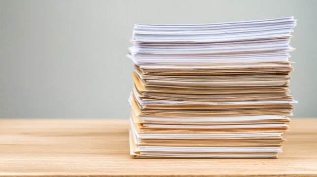 Stack of paper documents on wooden table. Pile of business reports and files in office. Archive management, administration, accounting and corporate paperwork organization business concept.