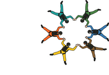 Skydivers Forming Circular Formation in Freefall with Colorful Jumpsuits and Helmets in Dynamic Vector Illustration for Extreme Sports, Teamwork, and Aerial Adventure Concepts. © Sanjida