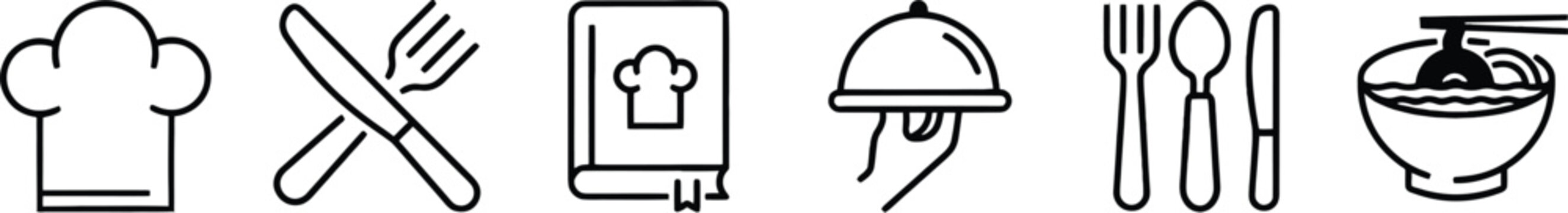 Catering icon set. Containing food service, event planning, dish, table setting, delivery, buffet, fine dining, waiter, tray, food cart, chef and more. Editable line icons. Vector illustration. Food.