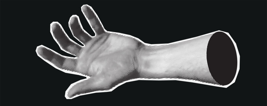 Trendy vintage collage conception with hand gesture symbols set. Halftone collection with fist, open palm, pointing finger, pinch and expressive gestures in retro pop art style. Vector illustration.
