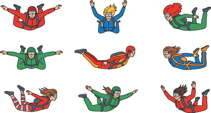 Skydivers in Colorful Jumpsuits and Helmets in Various Freefall Poses for Extreme Sports, Adventure, and Outdoor Activity Vector Illustrations.