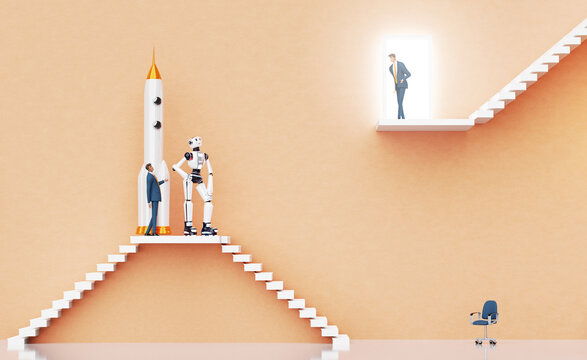 Robot, businessman and rocket as a symbol of startup. AI technology generates and introducing a new business protects to investors. 3D rendering